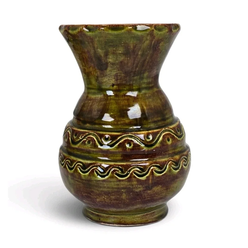 Signed Studio Pottery Vase Olive Green Brown Glaze Incised Design 6.75